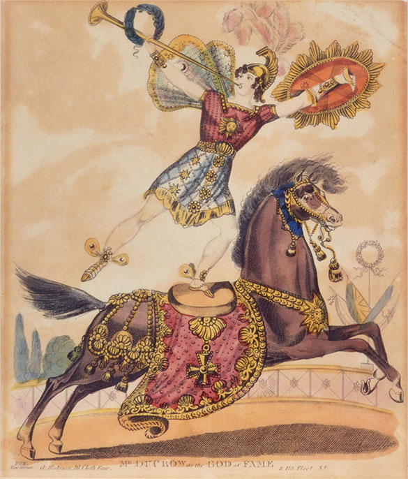 Dessin d’un homme en costume richement décoré et jouant de la trompette. Il tient en équilibre sur un pied sur la selle d’un cheval lui aussi costumé.